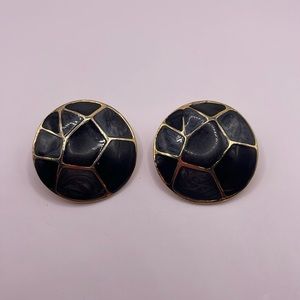 Vintage Gold Tone Black Disc Circle Statement Stud Earrings